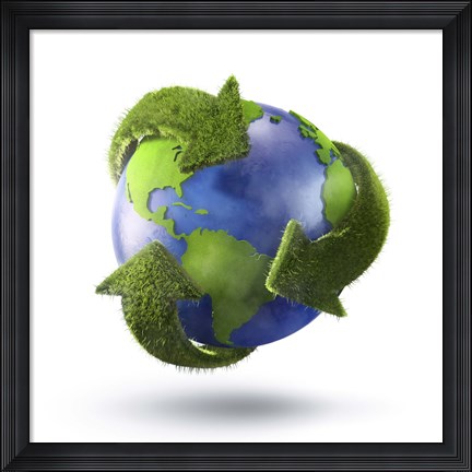 Framed 3D Rendering of planet Earth surrounded by grassy recycle symbol Print