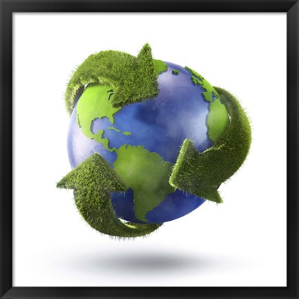 Framed 3D Rendering of planet Earth surrounded by grassy recycle symbol Print