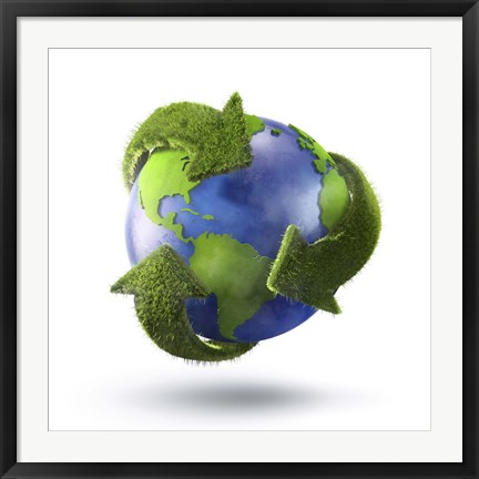 Framed 3D Rendering of planet Earth surrounded by grassy recycle symbol Print