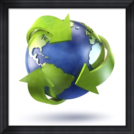 Framed 3D Rendering of planet Earth surrounded by the recycle symbol Print