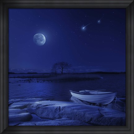 Framed boat moored near an icy stone in a lake against starry sky, Finland Print