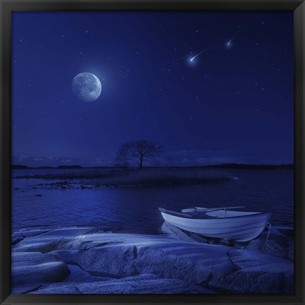 Framed boat moored near an icy stone in a lake against starry sky, Finland Print