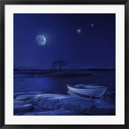 Framed boat moored near an icy stone in a lake against starry sky, Finland Print