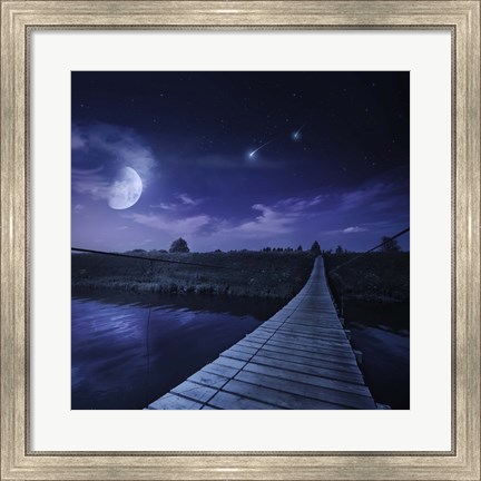 Framed bridge across the river at night against starry sky, Russia Print