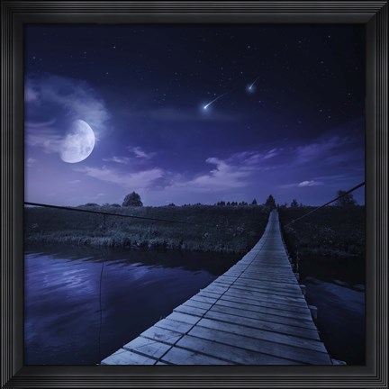 Framed bridge across the river at night against starry sky, Russia Print