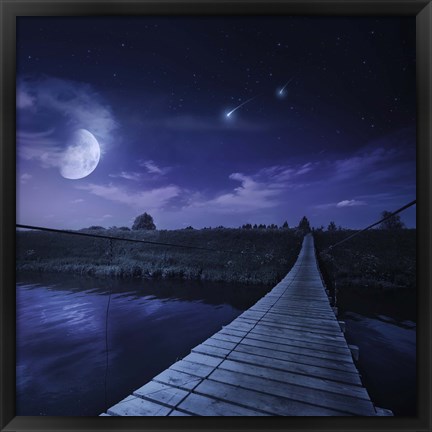 Framed bridge across the river at night against starry sky, Russia Print