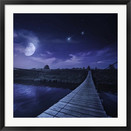 Framed bridge across the river at night against starry sky, Russia Print