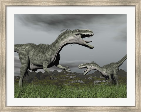 Framed territorial dispute between two Monolophosaurus dinosaurs Print
