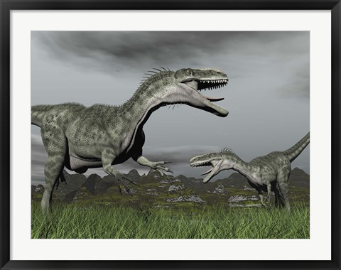 Framed territorial dispute between two Monolophosaurus dinosaurs Print