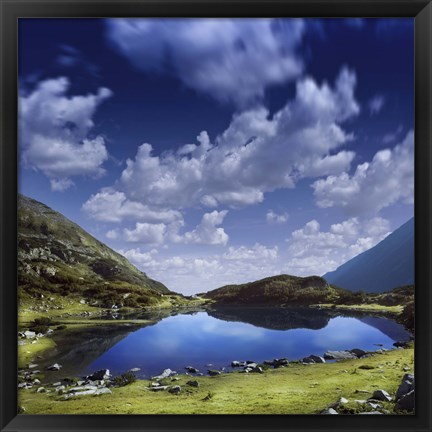 Framed Blue lake in the Pirin Mountains over tranquil clouds, Pirin National Park, Bulgaria Print