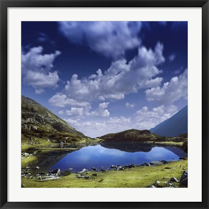 Framed Blue lake in the Pirin Mountains over tranquil clouds, Pirin National Park, Bulgaria Print