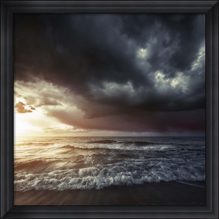 Framed Bright sunset against a wavy sea with stormy clouds, Hersonissos, Crete Print