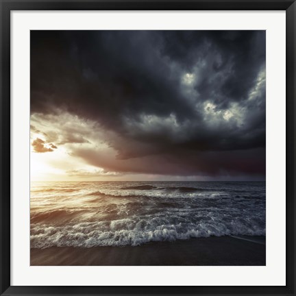 Framed Bright sunset against a wavy sea with stormy clouds, Hersonissos, Crete Print