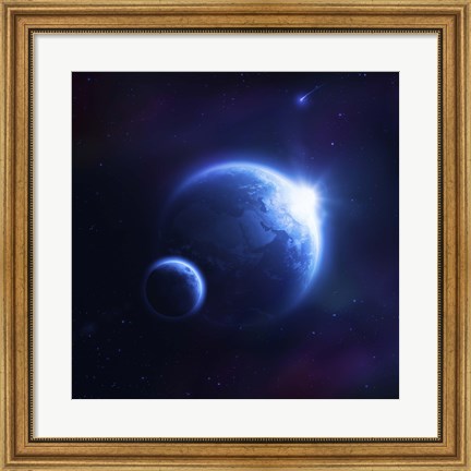 Framed Earth and moon in outer space with rising sun and flying meteorites Print
