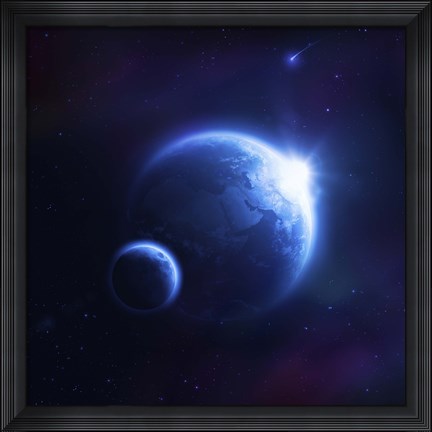 Framed Earth and moon in outer space with rising sun and flying meteorites Print
