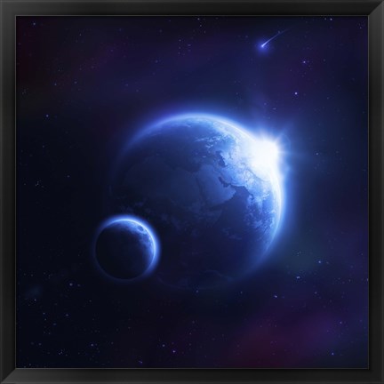 Framed Earth and moon in outer space with rising sun and flying meteorites Print