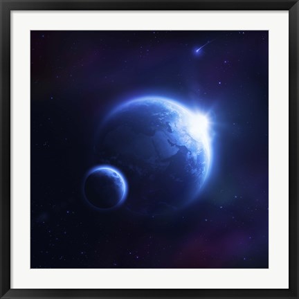 Framed Earth and moon in outer space with rising sun and flying meteorites Print