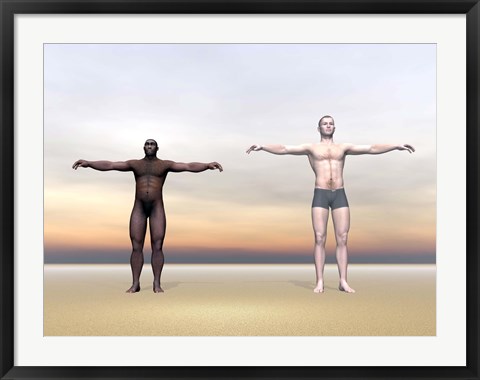 Framed Homo Erectus man next to modern human being Print