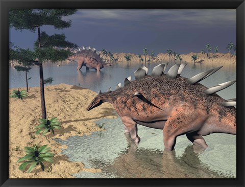 Framed Kentrosaurus dinosaurs walking in the water next to sand and trees Print