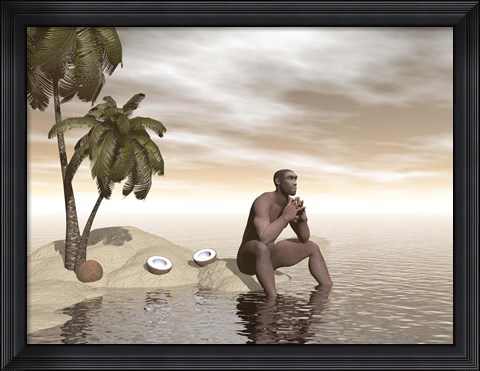 Framed Male Homo Erectus sitting alone on a beach island next to coconuts Print