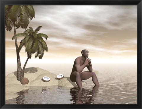 Framed Male Homo Erectus sitting alone on a beach island next to coconuts Print