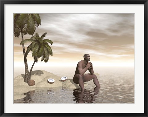 Framed Male Homo Erectus sitting alone on a beach island next to coconuts Print