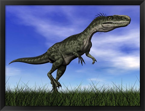 Framed Monolophosaurus dinosaur walking in the grass Print