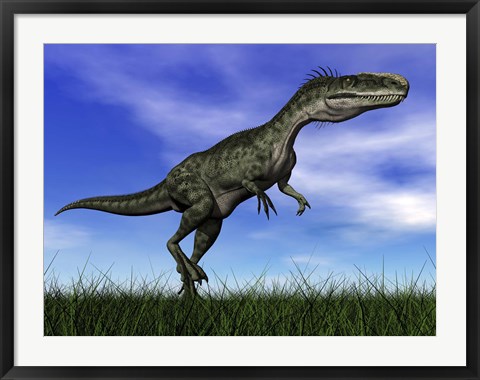 Framed Monolophosaurus dinosaur walking in the grass Print