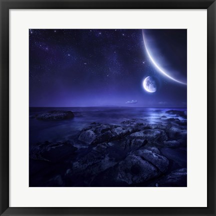 Framed Nearby planets hover over the ocean on this world at night Print