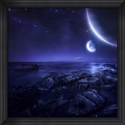 Framed Nearby planets hover over the ocean on this world at night Print