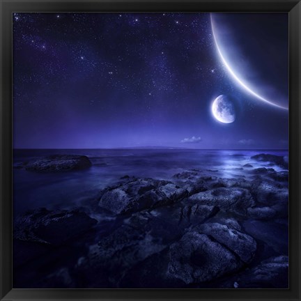 Framed Nearby planets hover over the ocean on this world at night Print