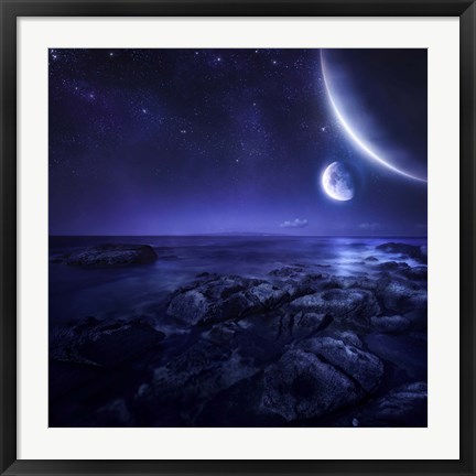 Framed Nearby planets hover over the ocean on this world at night Print