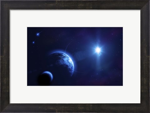 Framed Planet Earth and its moon in outer space Print
