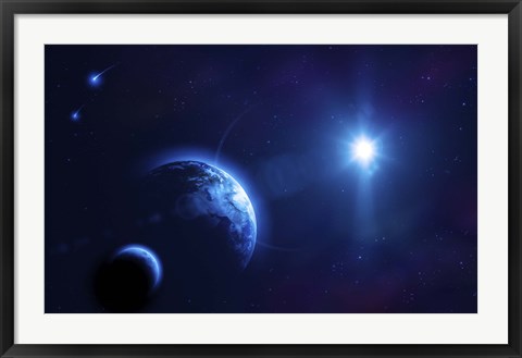 Framed Planet Earth and its moon in outer space Print