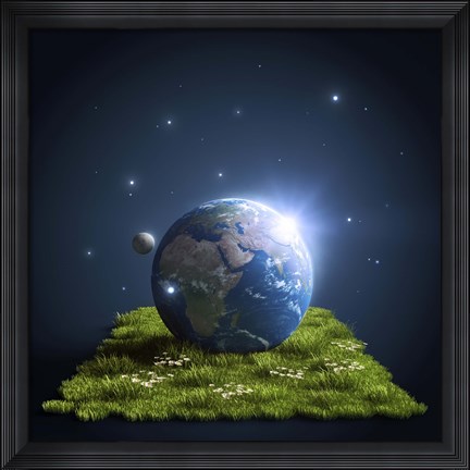 Framed Planet Earth lying on a green lawn with moon and stars Print