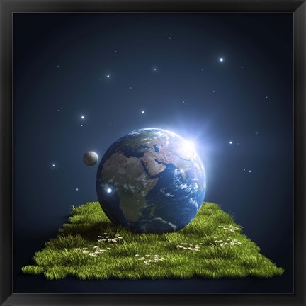 Framed Planet Earth lying on a green lawn with moon and stars Print