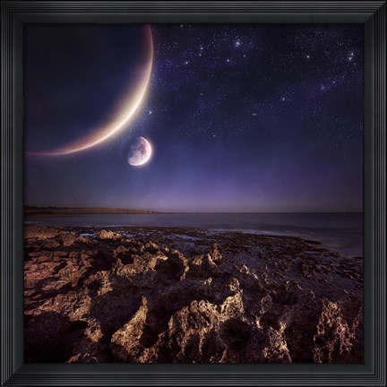 Framed Rising plantes hover over ocean and rocky shore against starry sky Print