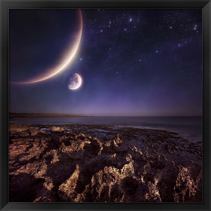 Framed Rising plantes hover over ocean and rocky shore against starry sky Print