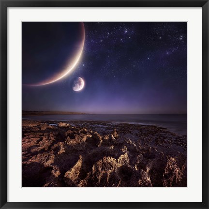 Framed Rising plantes hover over ocean and rocky shore against starry sky Print