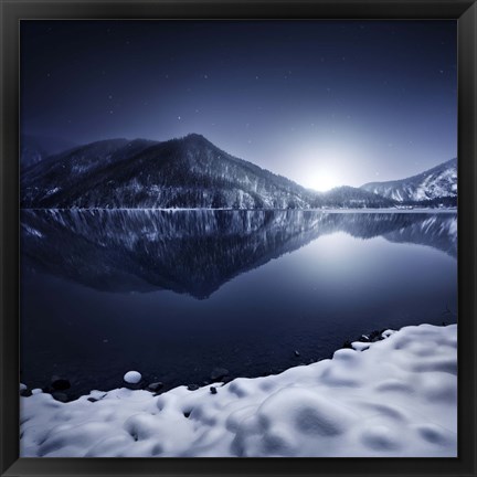 Framed Ritsa Lake in the snow covered mountains of Ritsa Nature Reserve, Georgia Print