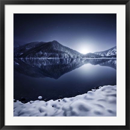 Framed Ritsa Lake in the snow covered mountains of Ritsa Nature Reserve, Georgia Print