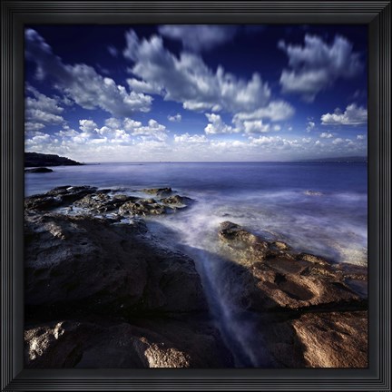 Framed Rocky shore and tranquil sea, Portoscuso, Sardinia, Italy Print