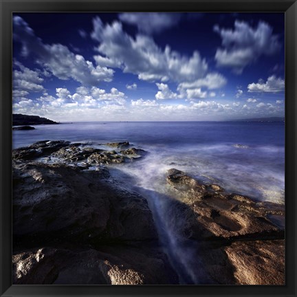 Framed Rocky shore and tranquil sea, Portoscuso, Sardinia, Italy Print