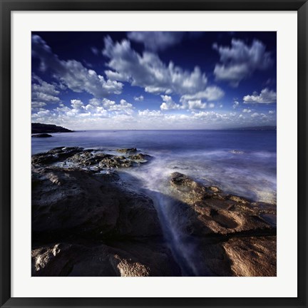 Framed Rocky shore and tranquil sea, Portoscuso, Sardinia, Italy Print