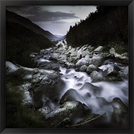 Framed Small river flowing over large stones in the mountains of Pirin National Park, Bulgaria Print