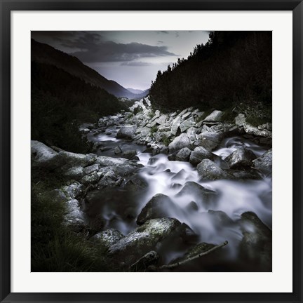 Framed Small river flowing over large stones in the mountains of Pirin National Park, Bulgaria Print