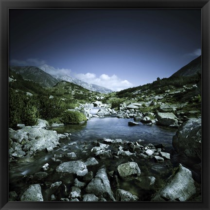 Framed Small river flowing through big stones in Pirin National Park, Bulgaria Print