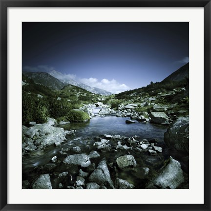 Framed Small river flowing through big stones in Pirin National Park, Bulgaria Print