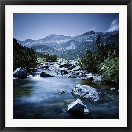 Framed Small river flowing through the mountains of Pirin National Park, Bulgaria Print