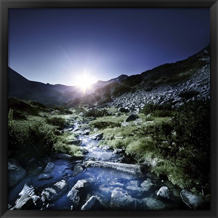 Framed Small stream in the mountains at sunset, Pirin National Park, Bulgaria Print